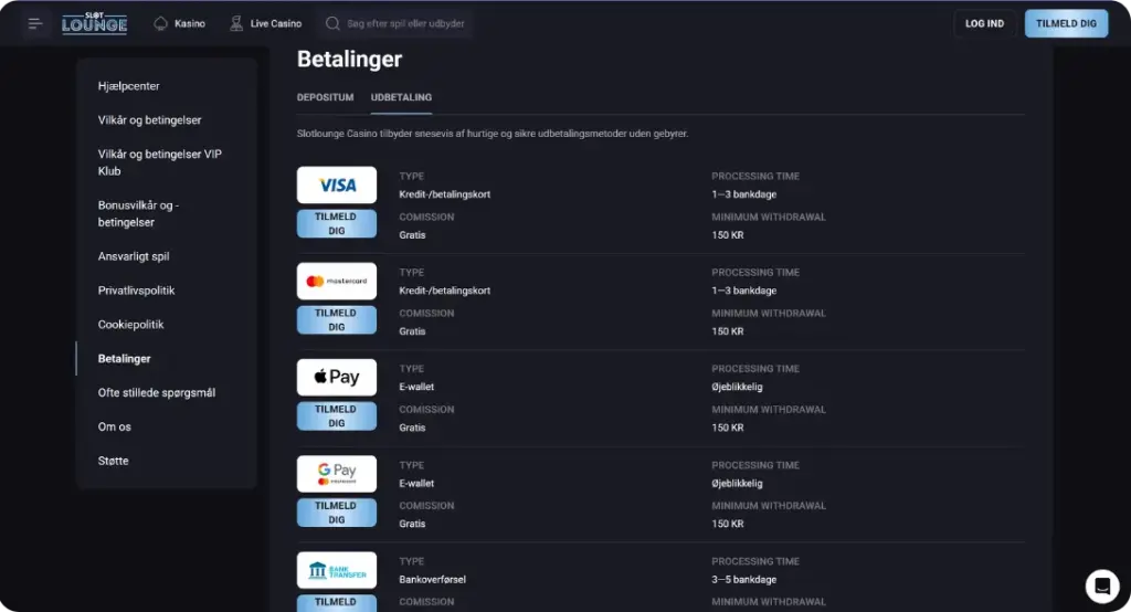 Side med hurtige betalingsmetoder i Slot Lounge