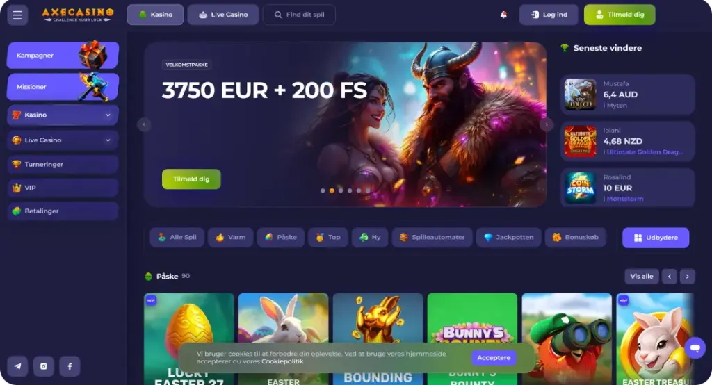 Axecasino startskærm som er inkluderet i casino uden ROFUS