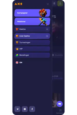 Menu på Axe Casino