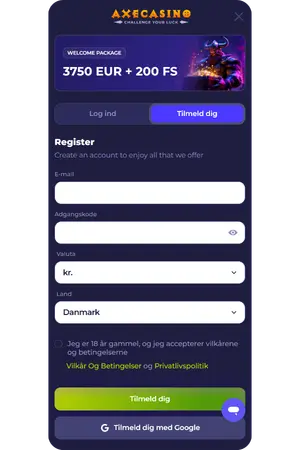 Registreringsside for Axe Casino